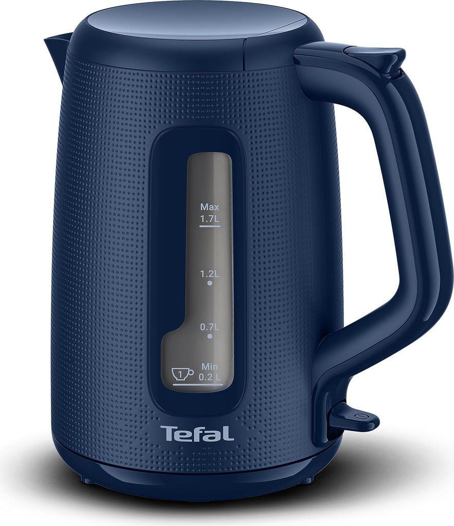 A studio shot of a blue electric kettle.
