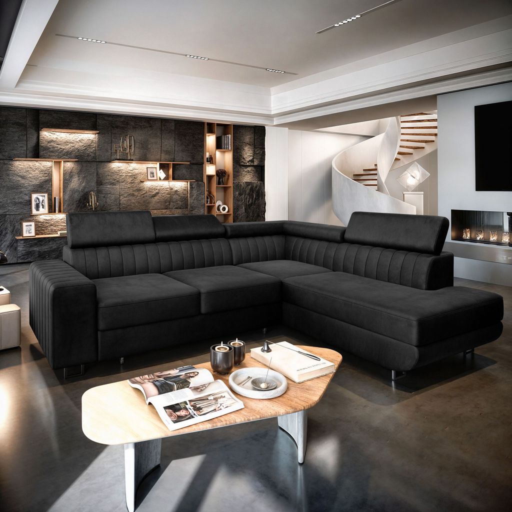 A modern living room with a sectional sofa and a spiral staircase.