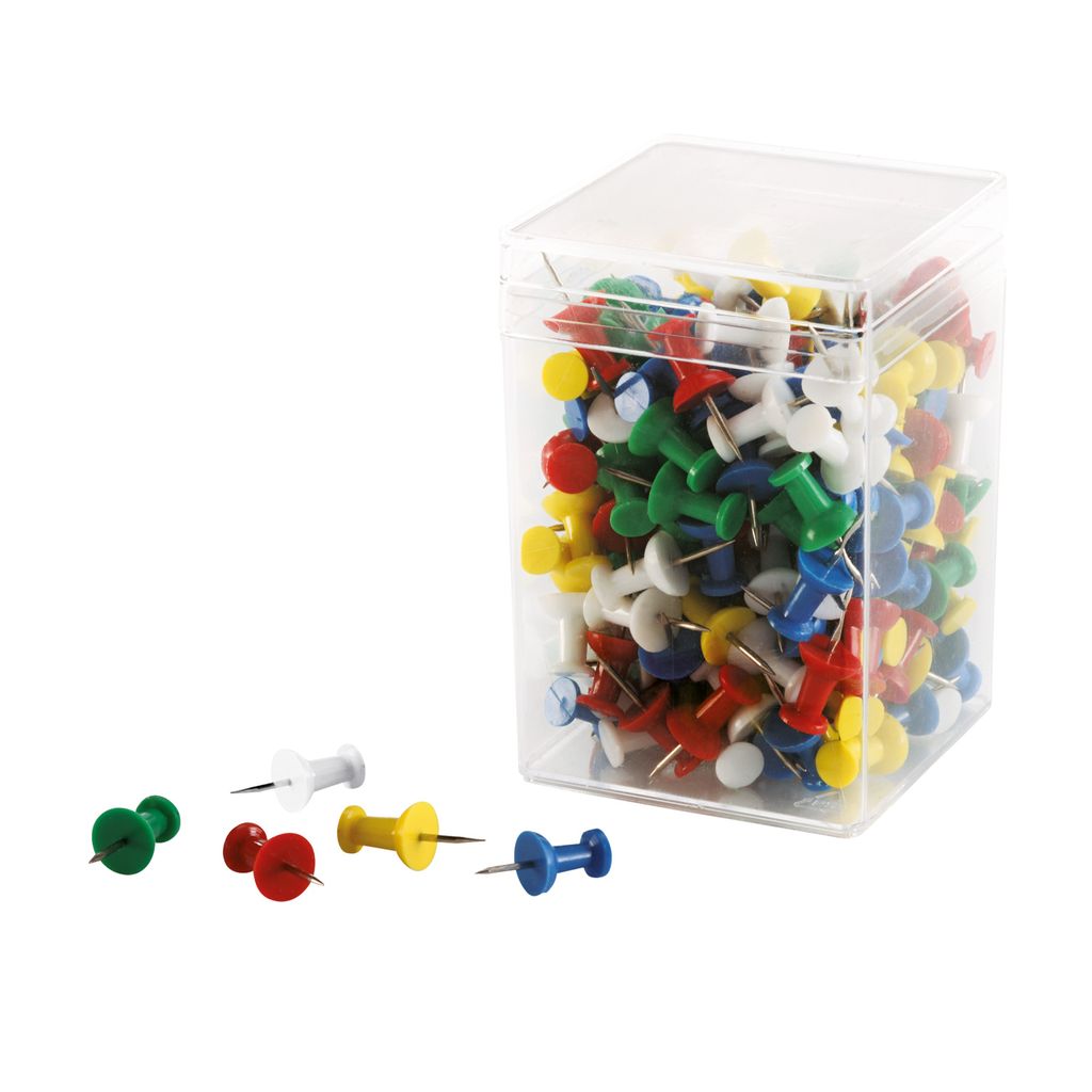 A clear studio shot of a container filled with colorful push pins, with a few pins scattered in front of the container.
