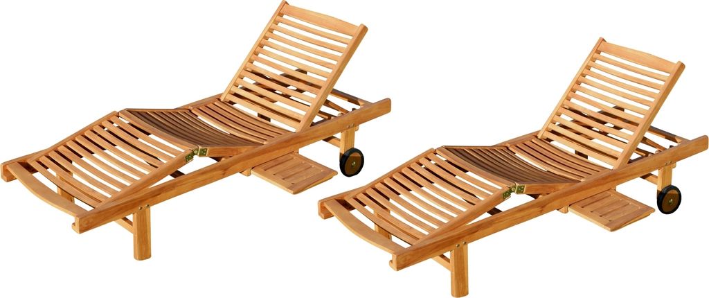 ALEOS. 2 Stück echt Teak Sonnenliege Gartenliege Strandliege Holzliege Holz vielfach verstellbar mit Tischablage sehr robust Modell 2x COZY