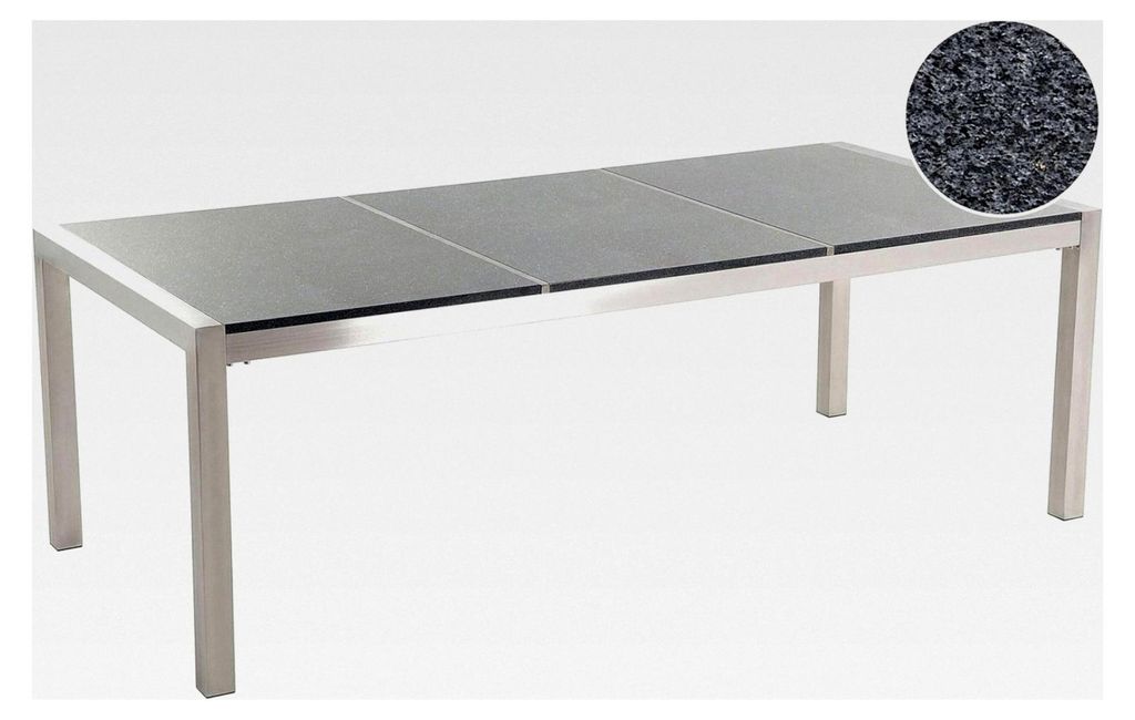 Gartentisch 220 cm mit 3 Tischplatten aus poliertem grauem Granit und Edelstahl
