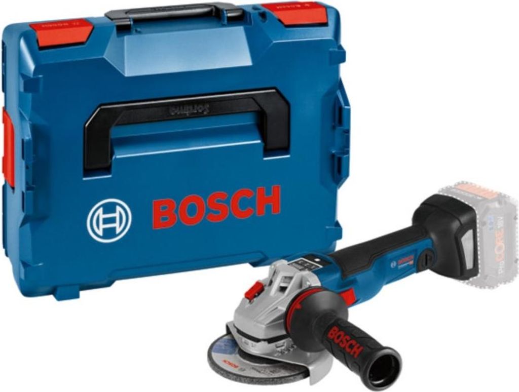 A Bosch angle grinder and its blue carrying case are displayed against a white background.