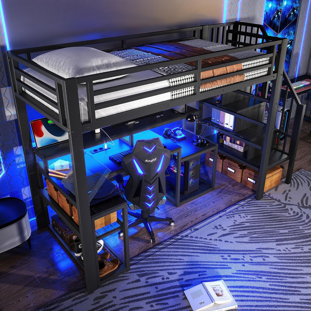 okwish Hochbett 90x200 Jugendbett Gaming-bett mit Ablagefach und Schreibtisch,Einzelbett Kinderbett mit USB-Anschluss und LED-Streifen,schwarz(ohne...