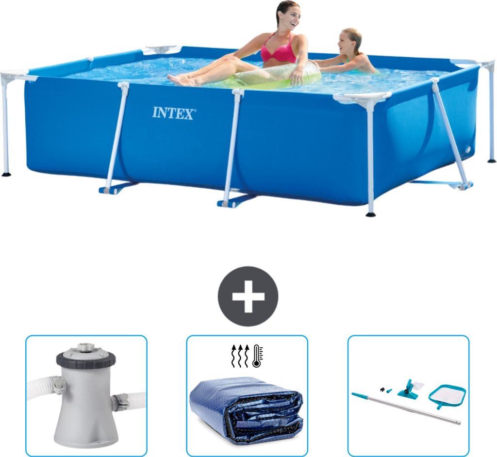 Intex-Schwimmbecken mit rechteckigem Rahmen – 220 x 150 x 60 cm – Blau – im Lieferumfang enthalten Filterpumpe für Schwimmbad - Sonnensegel ...