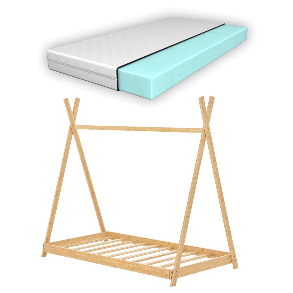 In And OutdoorMatch Kinderbett Jan – Tipi-Bett – mit Matratze – Bambus – 70 x 140 cm – holzfarben – schnelle Montage – 200 kg Tragkraft