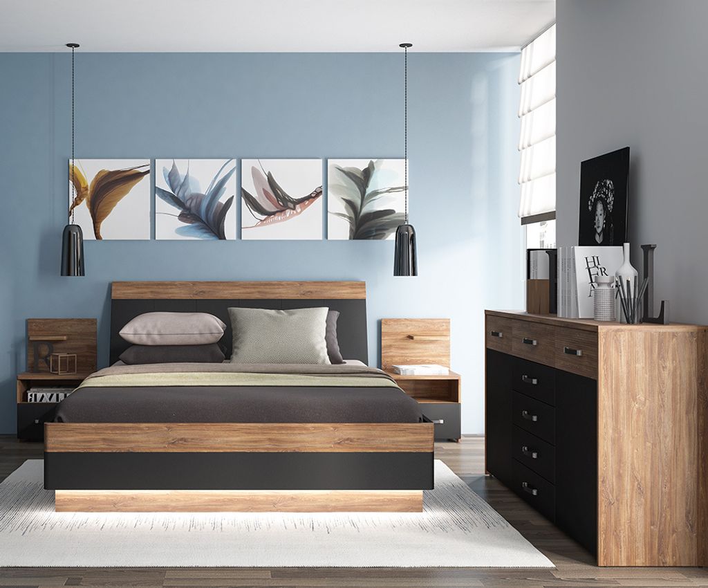 Schlafzimmer Set 4-teilig MANAGUA-129 mit Bett 140x200 in Eiche mit schwarz matt