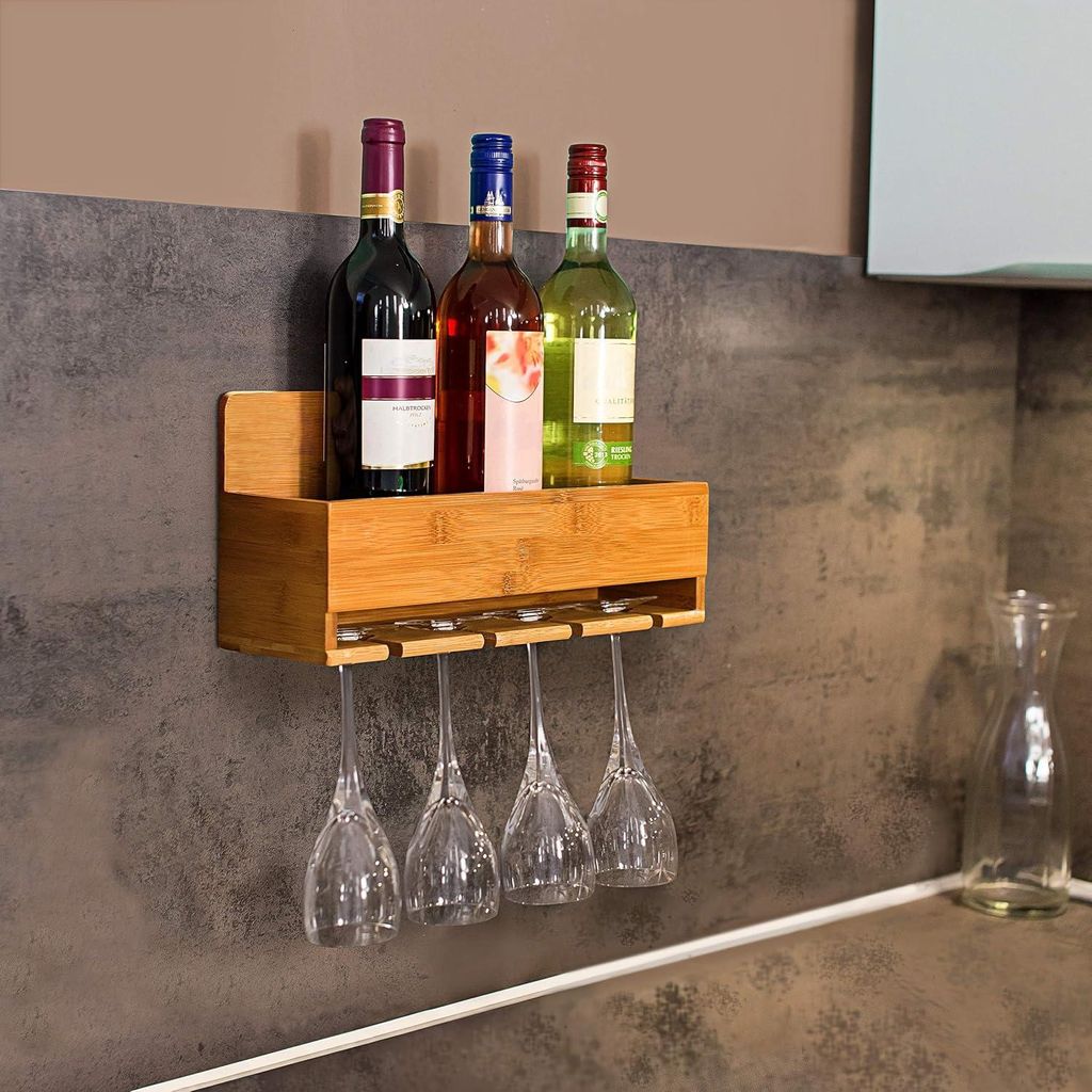Weinregal Bamboe Gläserhalter - HxBxD 17x37x115 cm - Flaschenregal 4 Flaschen 4 Gläser Wandregal Natur