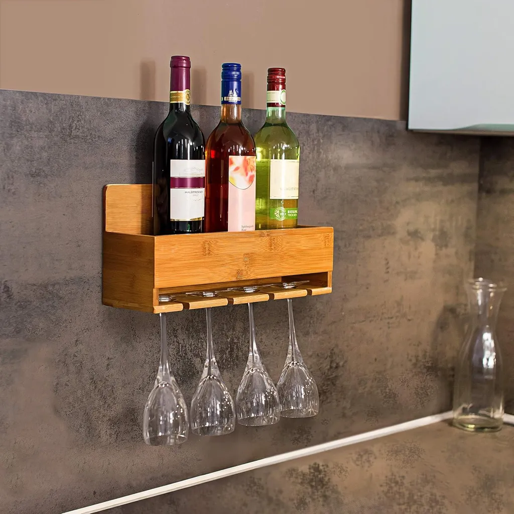 Étagère murale porte-bouteilles et verres en bambou naturel pour bar