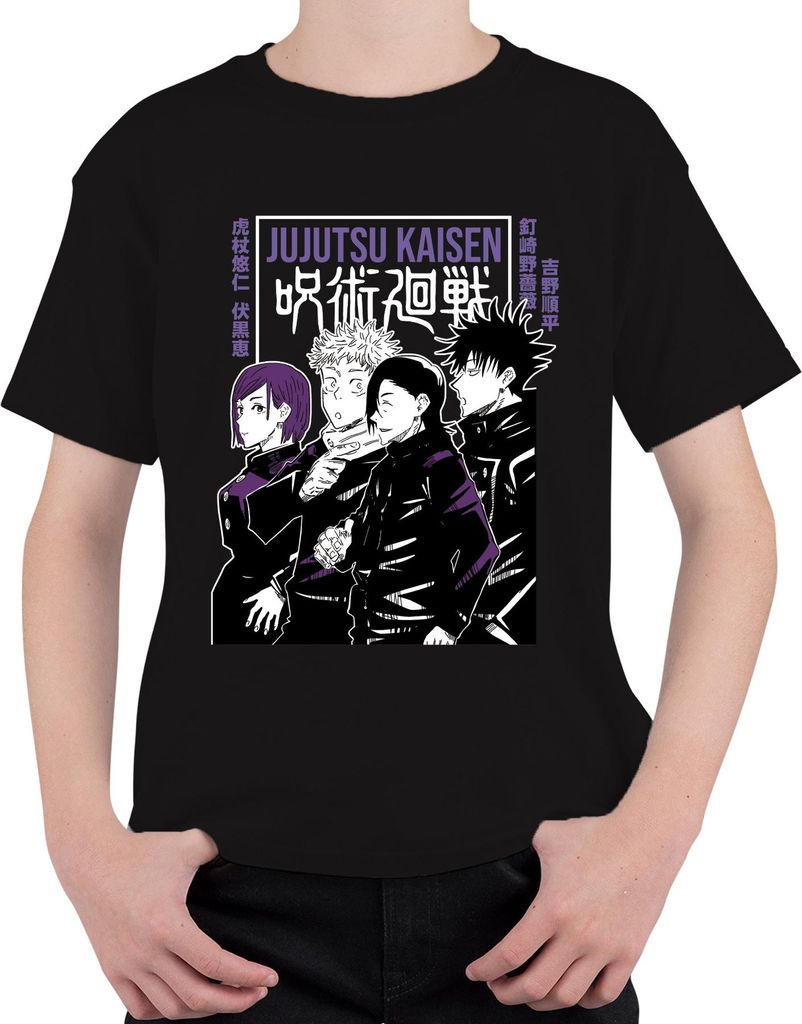 Jujutsu Kaisen Manga Anime Ästhetik Charaktere Schwarz Lila Retro Uni Kinder T-Shirt, Schwarz, 128