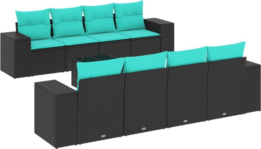 9-teiliges Gartensofa-Set mit Kissen, schwarzes Polyrattan