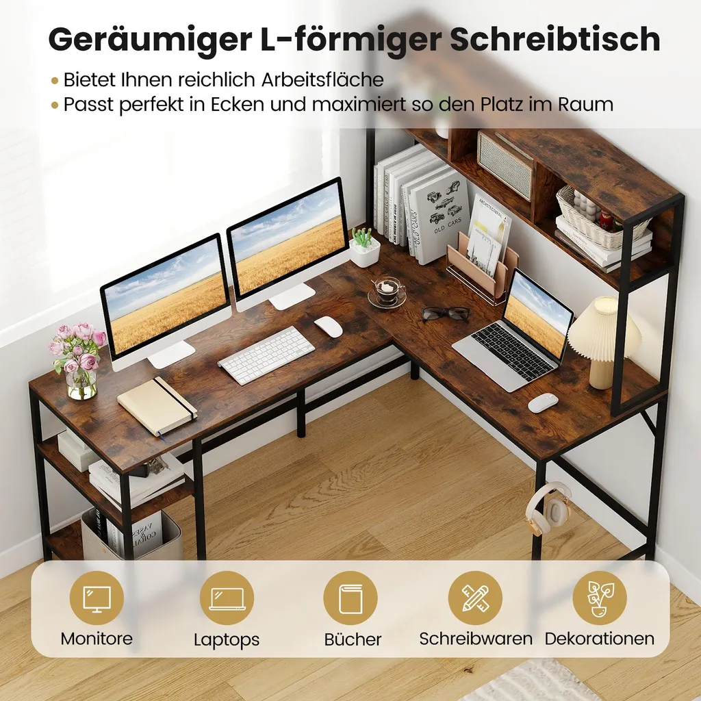 Optimisez votre Petit Espace avec ce Bureau d'Angle avec Rangement Brun - 4