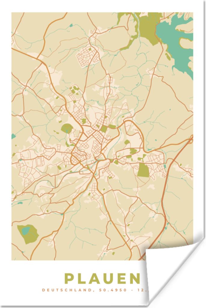 MuchoWow Poster Plauen - Karte - Vintage - Stadtplan 60x90 cm - Wanddekoration