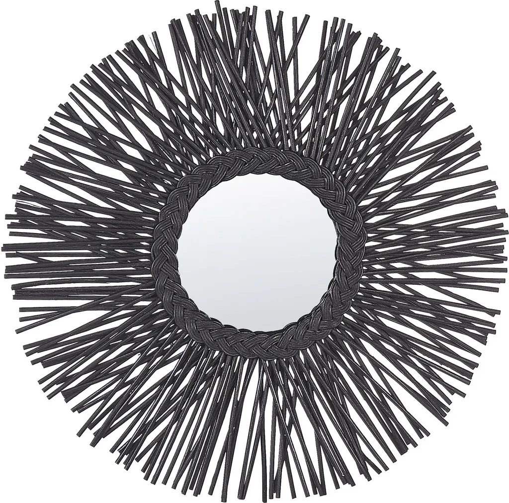 BELIANI Miroir Mural Rond Noir ø 60 cm en Rotin au Design Soleil Moderne