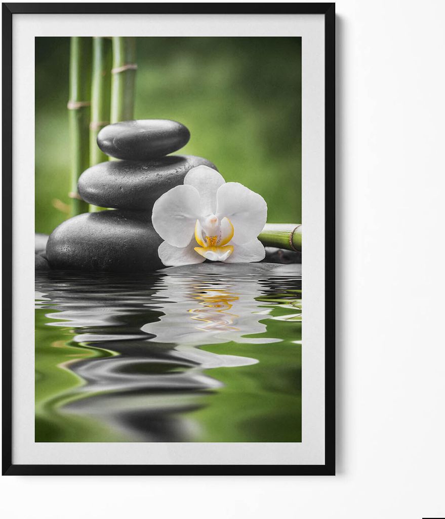 Zen - Bambussteine und Blume auf dem Wasser– Wandbild mit Rahmen – Gerahmtes Bild – Wanddekoration – 70x100 cm – Schwarz Rahmen