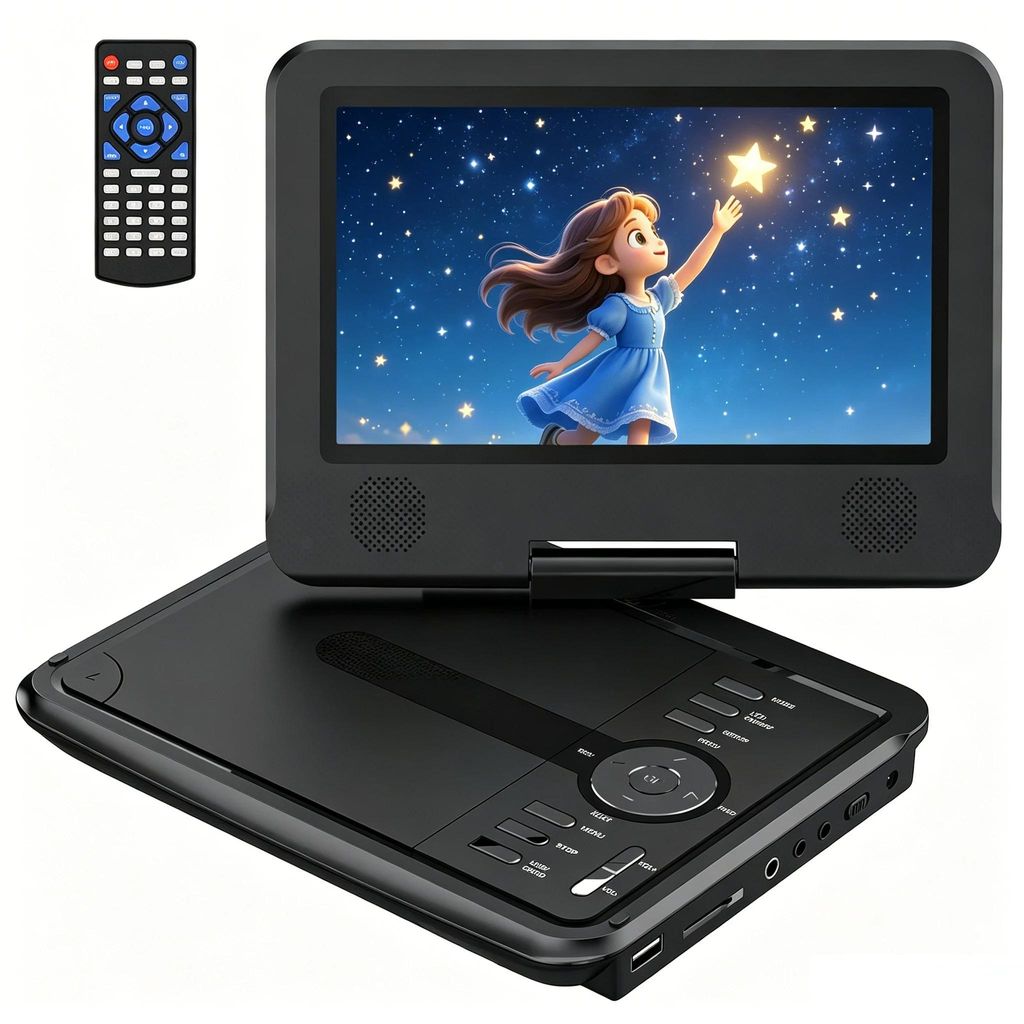 9,5" Tragbarer DVD Player mit 7,5" HD-Schwenkbaren Bildschirm, Für Das Auto, Mit Autoladegerät 4-6 Stunden Akkulaufzeit Sync TV/USB/SD-Karte Schwarz