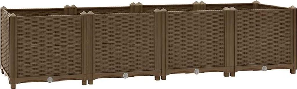 A long, brown, modular raised garden bed.