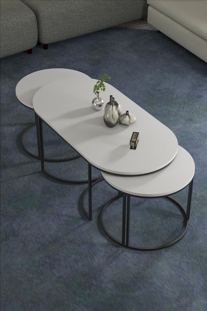 Satztisch ‘Halikko’ 3er Set Couchtisch mit 2 Beistelltischen Metallgestell Weiß