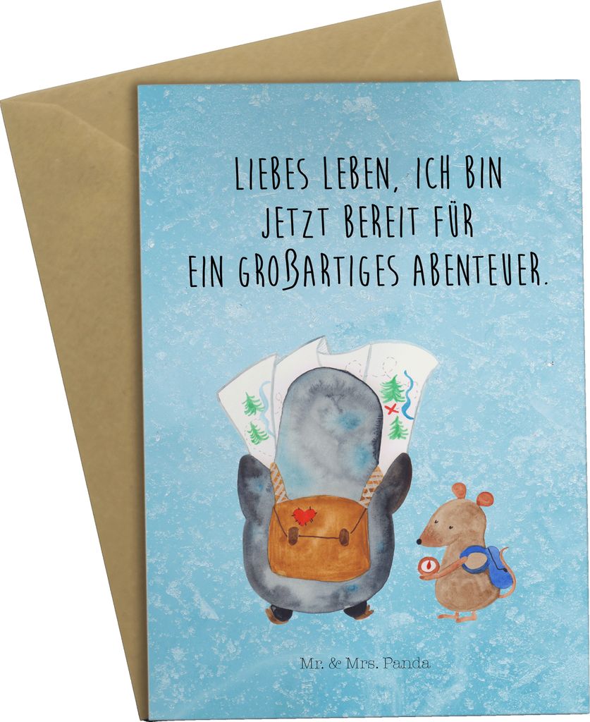 Mr. & Mrs. Panda Klappkarte Pinguin & Maus Wanderer - Eisblau - Geschenk, weihnachtskarten, Ausflug, glückwunschkarten, Roadtrip, Abenteuer, oster...