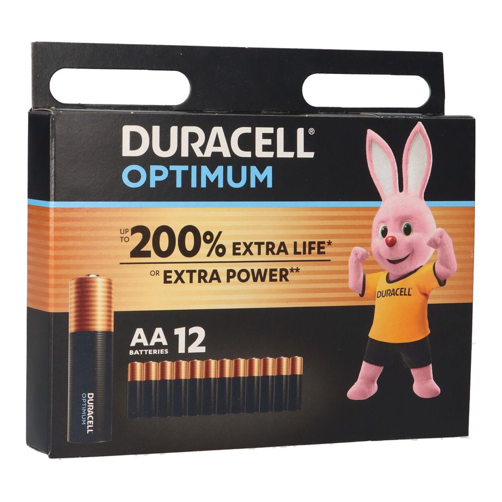 A retail package of Duracell Optimum AA batteries, featuring the brand's mascot, a pink bunny.