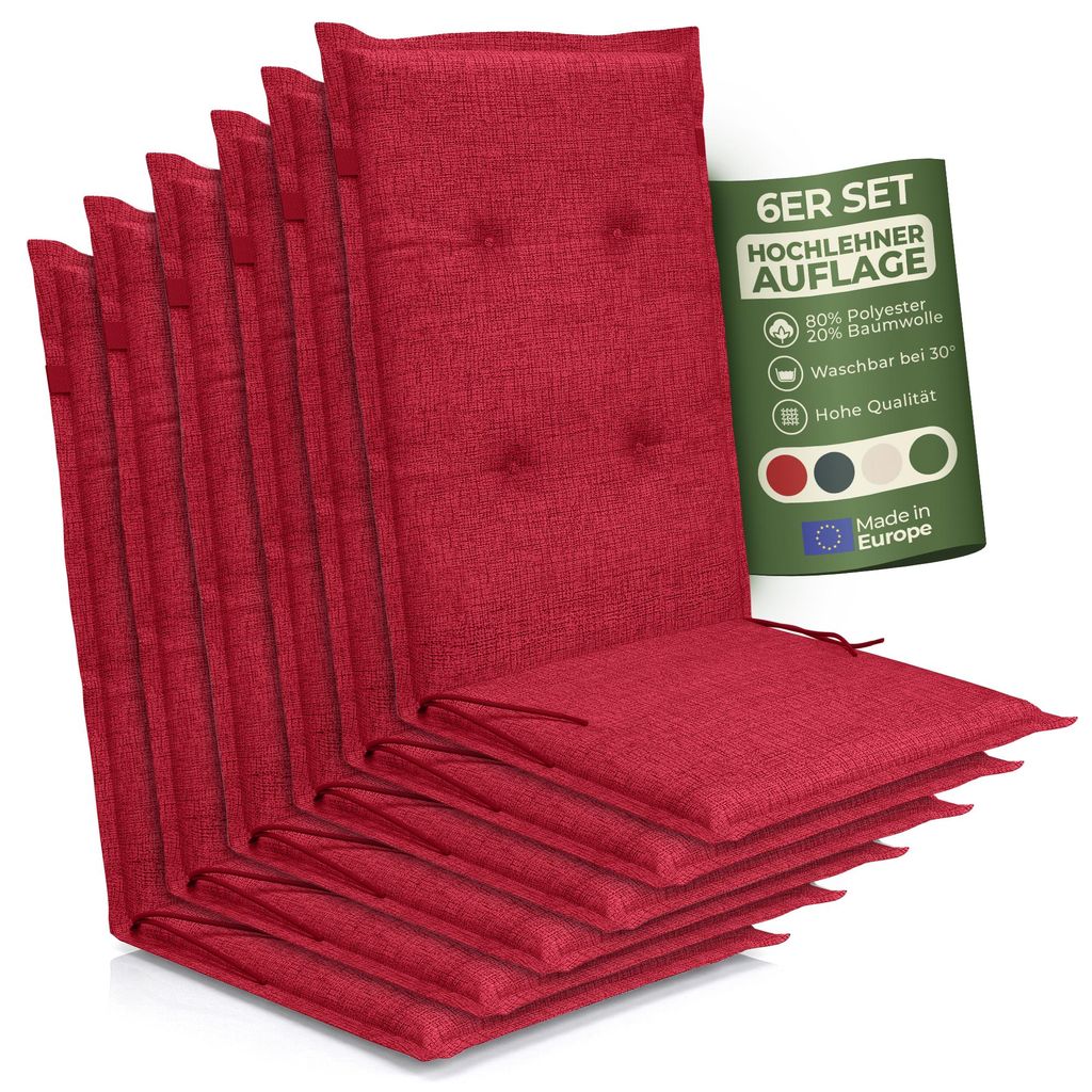 Hochlehner Auflage Florence– Gartenstuhlauflage Hochlehner, Sitzkissen Stuhl, Stuhlkissen & Outdoor Kissen für Gartenmöbel, Farbe:rot, Anzahl:6