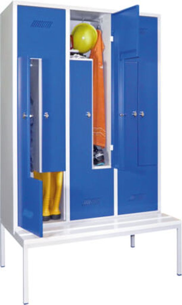 Z-Kleiderschrank m. Sitzbankuntergestell - Höhe 215 cm - 6 Fächer - Drehriegel - reinorange/lichtblau