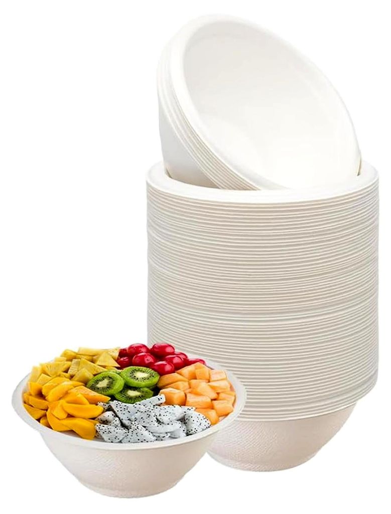 Einweg Suppenschalen, 50 Stück aus Zuckerrohr, 260 ml, biologisch abbaubar und kompostierbar für Party, Haushalt, Picknick, Weiß