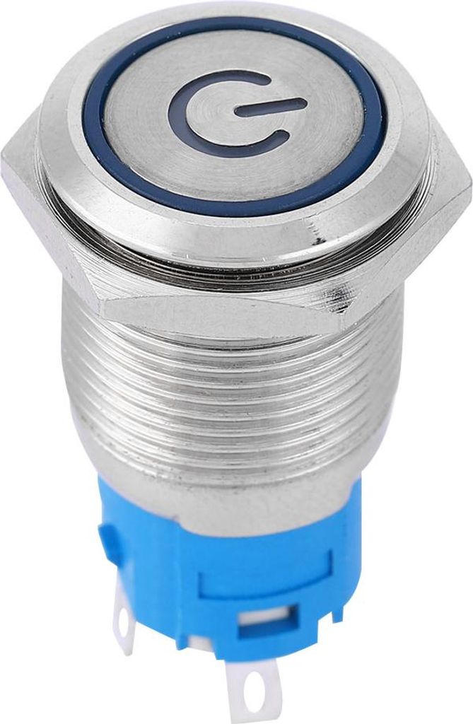 Blauer LED-Druckknopfring aus Metall mit flachem, rundem Kopf und Selbstrückstellungsfunktion sowie Stromsymbol, 16 mm (220 V)