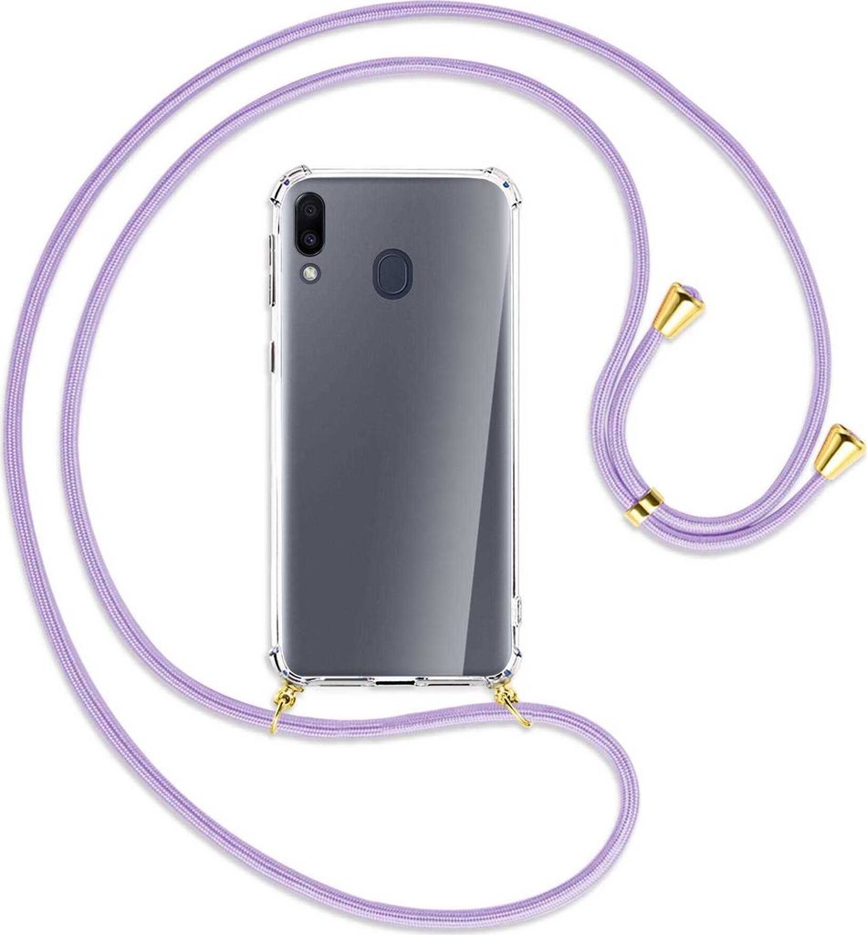 Handykette Backcover-Schutzhülle mit Band (Metall goldfarben) für Samsung Galaxy M20 - violett