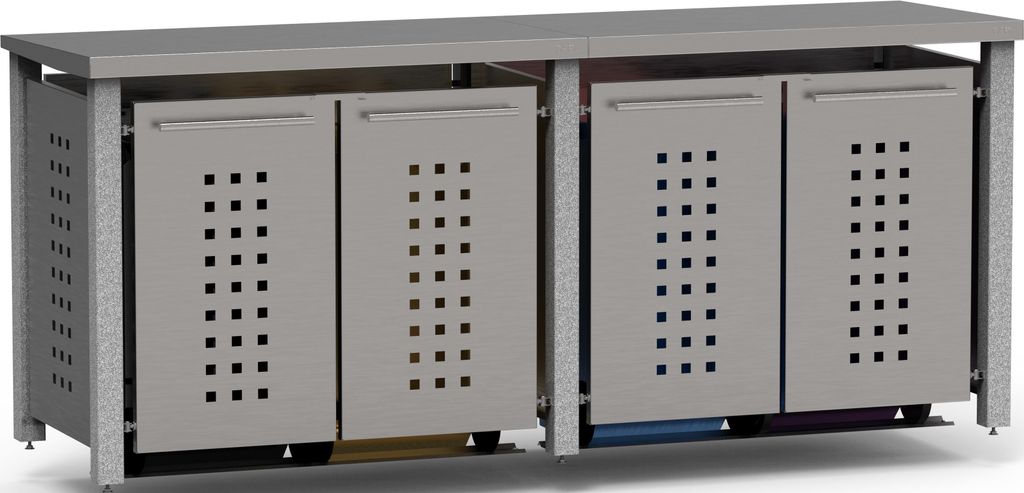 reinkeDESIGN | Müllhäuschen 4er, 4x120L | Typ_N | Pultdach, Granitpfosten, Fronten VA 1.4301 | für Privat-Häuser, sehr hochwertig
