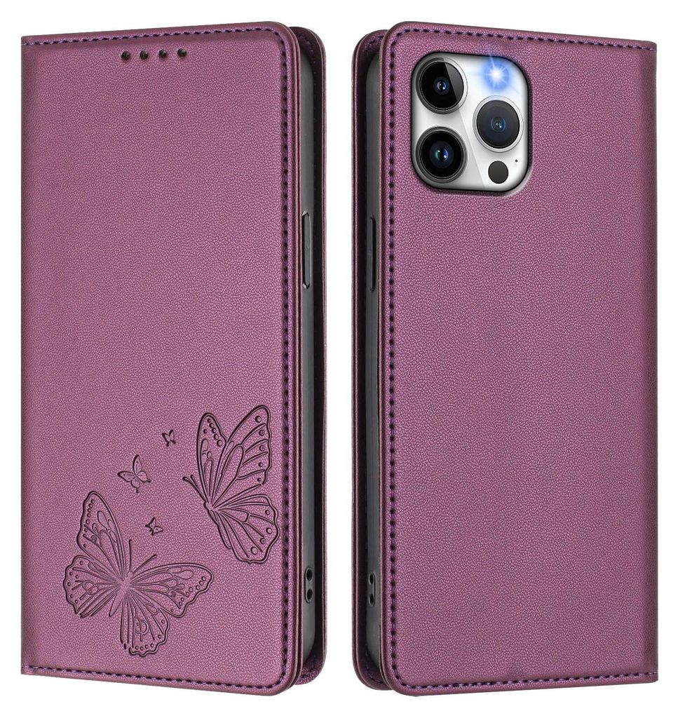 Lederhülle für iPhone 12 Pro Max, Schmetterling Prägung Leder Brieftasche Schutzhülle mit Ständer Lila