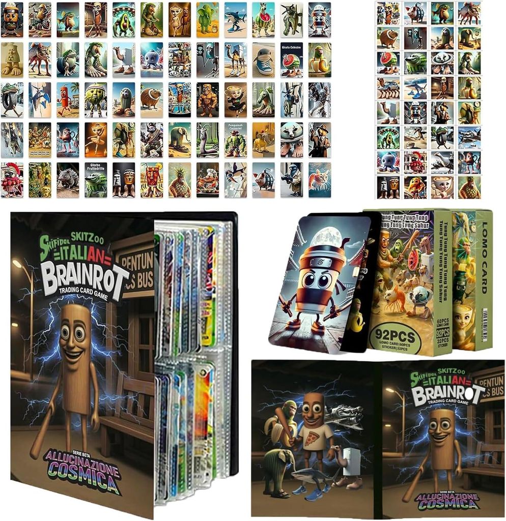Italian Steal a Brainrot Sammelalbum Karten Set mit Tung Tung Tung Tung Sahur,60 Einzigartige Karten & 32 Sticker für Kinder und Fans,Sammelkarten