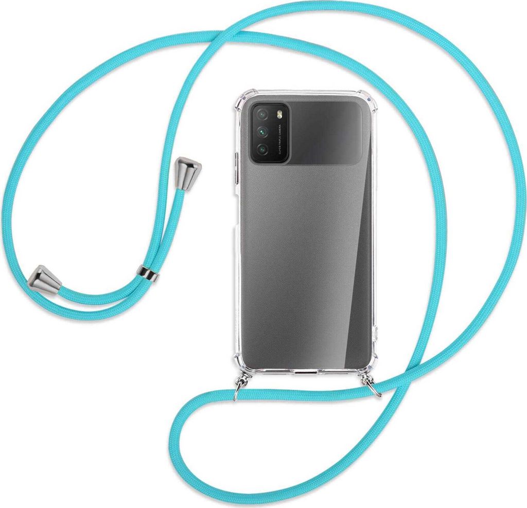 Handykette Backcover-Schutzhülle mit Band (Metall silberfarben) für Xiaomi Poco M3 - türkis