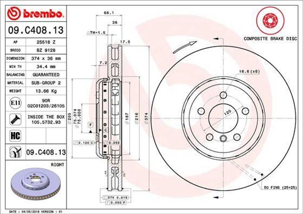 BREMBO 09.C408.13 Bremsscheibe OE 34116785676 kompatibel mit 7er F01, 6er F12, 5er F11, 5er F07, 5er F10