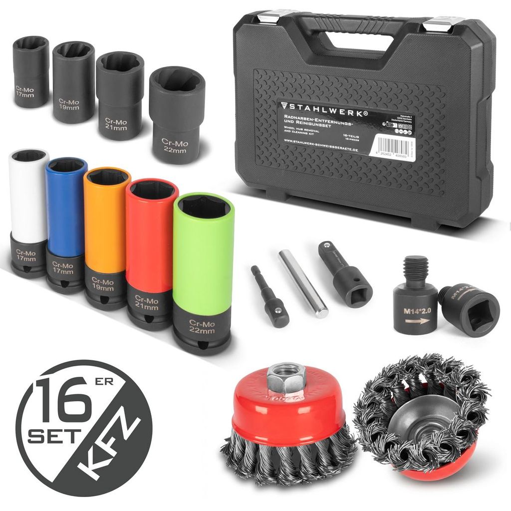 STAHLWERK 5 KFZ Stecknüsse 4 Ausdrehnüsse 17 22 mm 1/2" 2 Topfbürsten 16 Teile