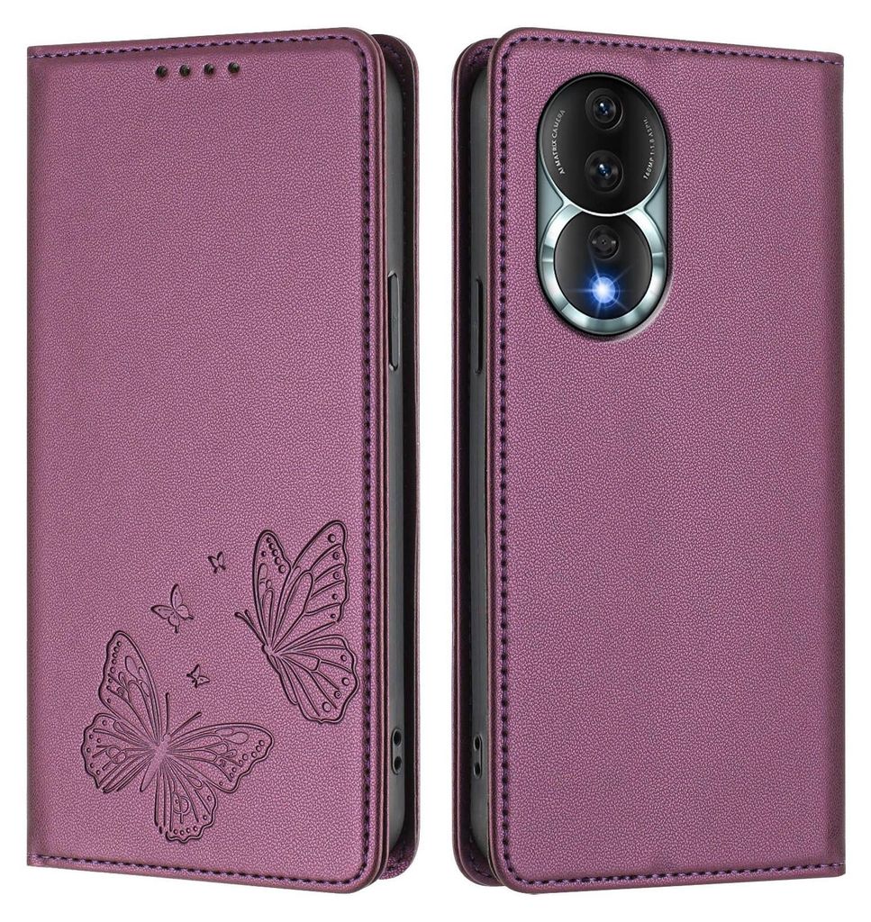 Lederhülle für Honor 80, Schmetterling Prägung Leder Brieftasche Schutzhülle mit Ständer Lila
