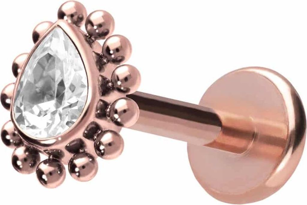 Ohrpiercing, Nasenpiercing Titan Labret mit Push Fit KRISTALLTROPFEN + KUGELN RoséGold Stablänge: 10mm | Stabstärke: 1mm
