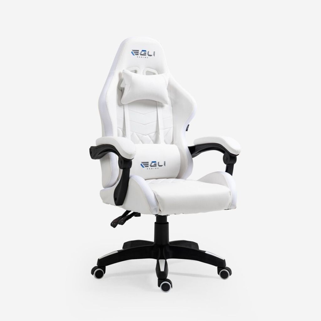 A white gaming chair with black accents is shown against a plain white background.