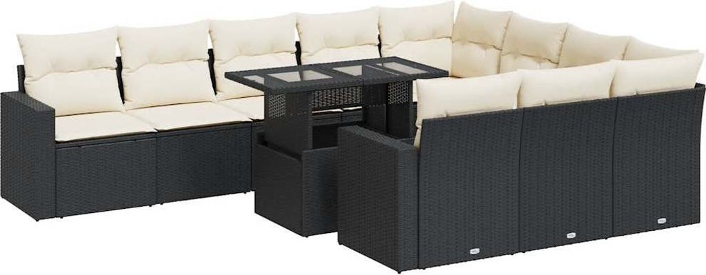 11-tlg. Garten-Sofagarnitur mit Kissen Schwarz Poly Rattan