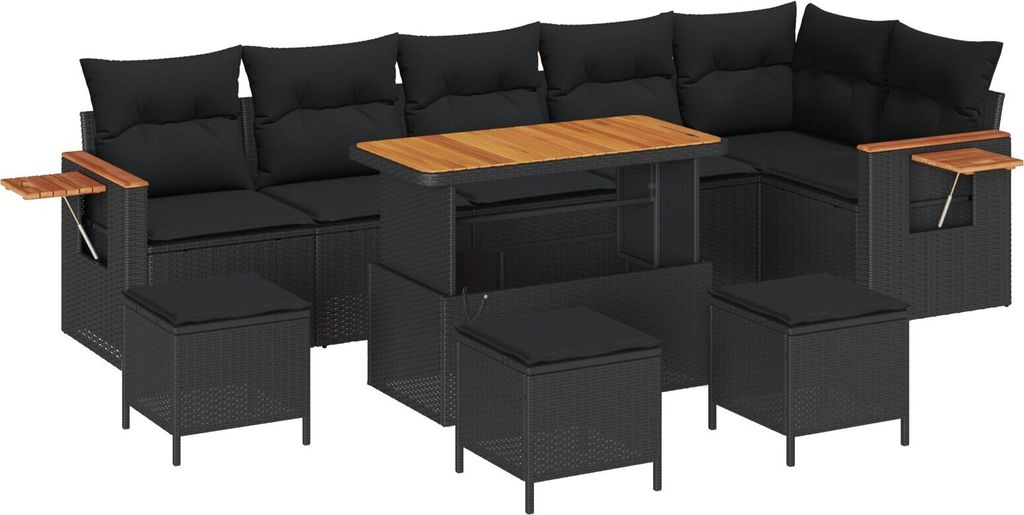 Möbel 10-teiliges Garten Sofa Set mit Kissen Schwarz Poly Rattan Akazie, 4-teiliges Garten Ess-Set mit Kissen Schwarz Poly Rattan Akazie - Gartens...