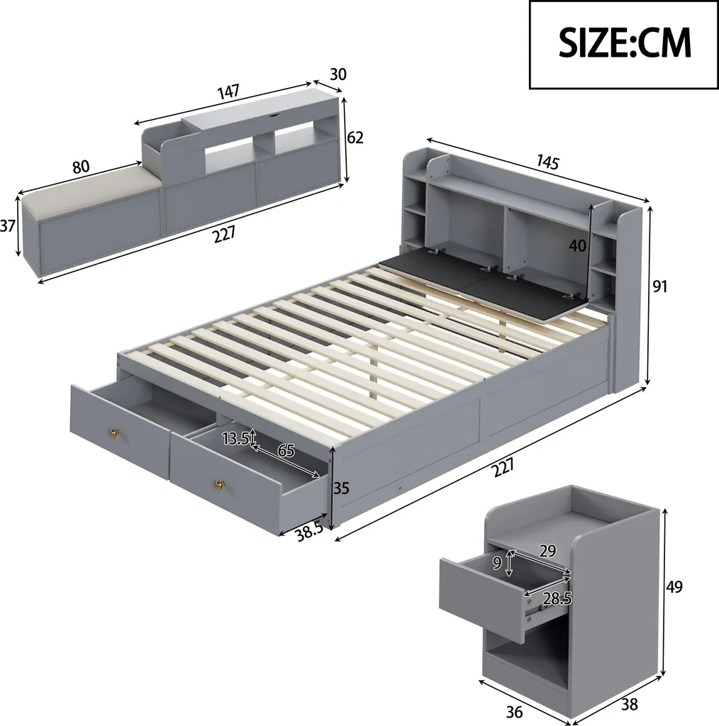 Lit double combiné gain de place 140x200, bois gris avec rangements - 7
