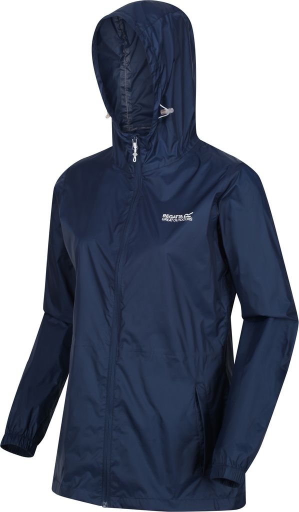 A navy blue Regatta women's rain jacket is shown against a white background.