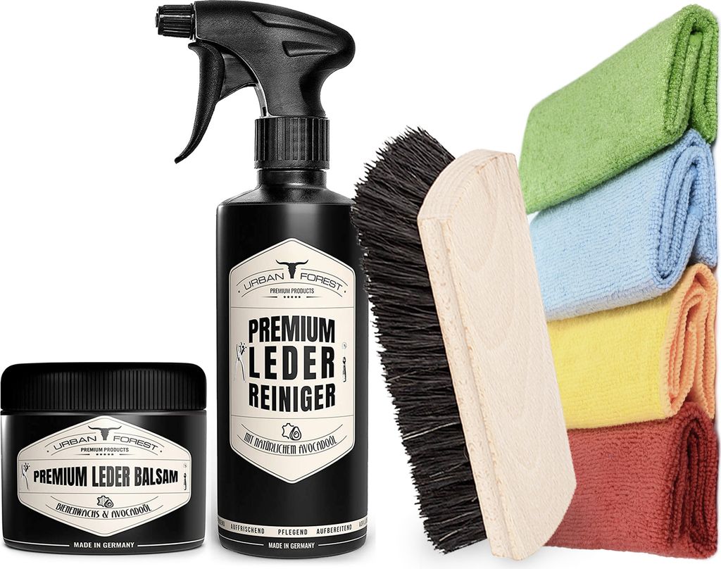 Sparset Lederreiniger + Lederbalsam + 4 Mikrofasertücher + Polsterbürste zum Ledersitze reinigen und pflegen URBAN Forest 500ml