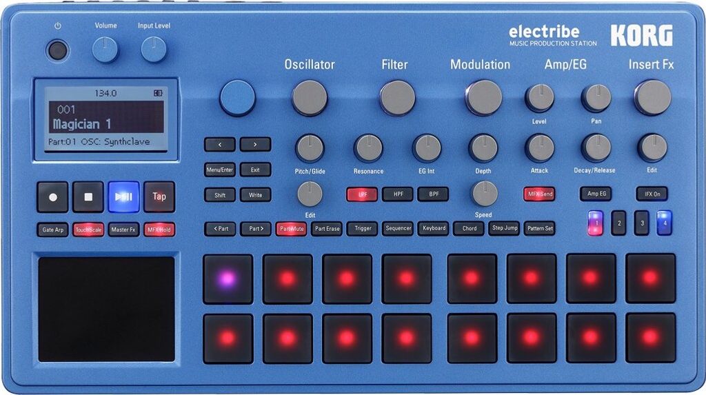 A top-down view of a blue Korg Electribe music production station.