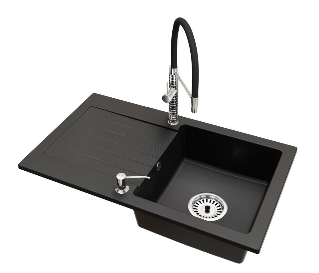 Granit Küchenspüle LEON Einbecken mit Abtropffläche inkl. Armatur Full Pro, Seifenspender und Raumsparsiphon