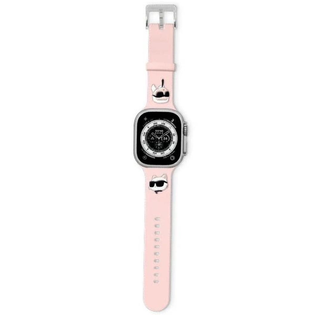 A pink Apple Watch strap with cartoon cat charms and a silver Apple Watch.