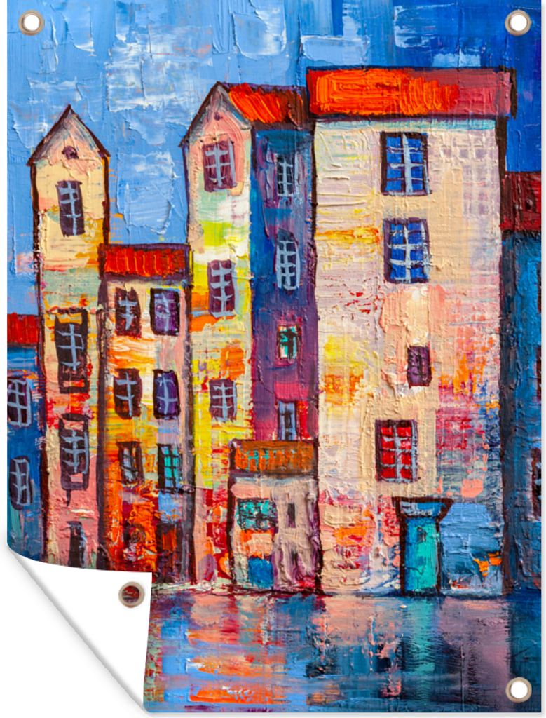 MuchoWow 30x40 cm Outdoor-Poster Gartendeko Sichtschutz Garten Poster für den Garten Gemälde - Ölfarbe - Haus - Wasser