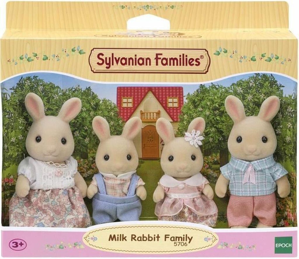 A product box for Sylvanian Families Milk Rabbit Family toy set, featuring the toy figures in front of a house and garden scene.