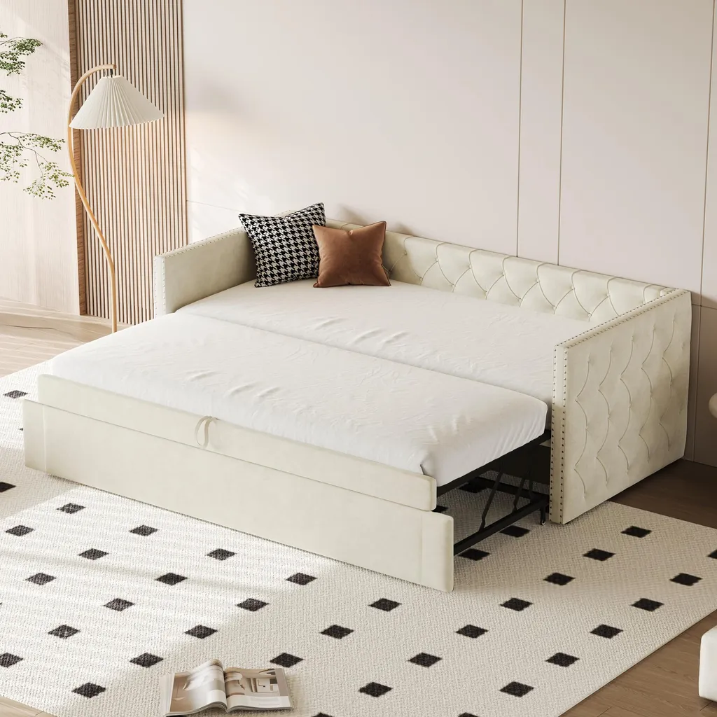 Lit banquette capitonné en velours beige 90x200cm avec cadre en métal