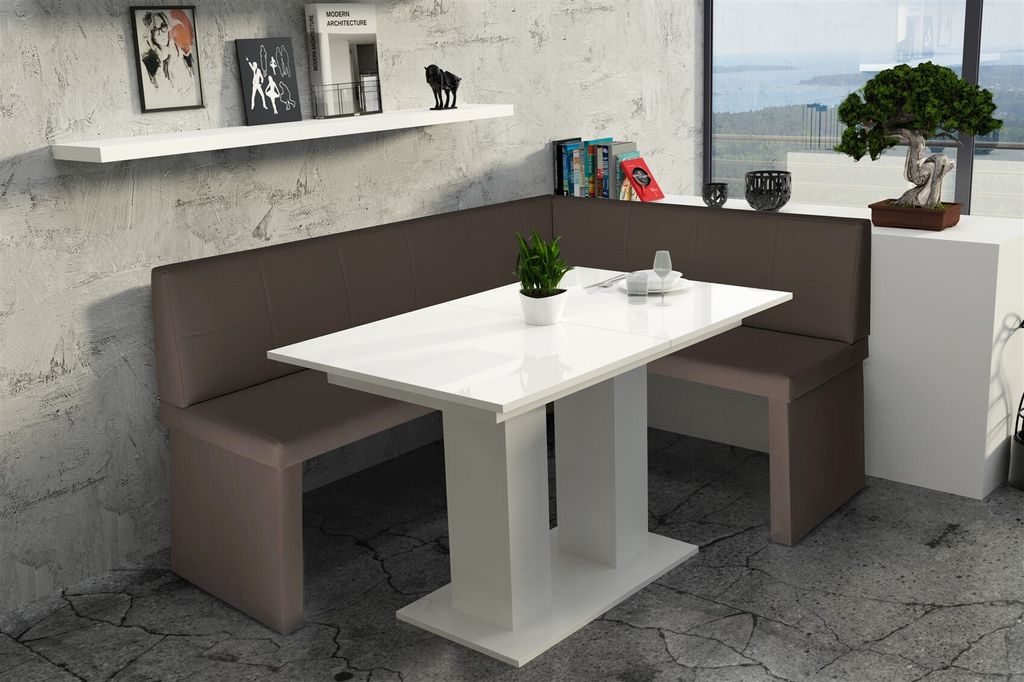 Eckbankgruppe 168x128 cm ROBIN L Braun / Esstisch DANTE Weiss HGL