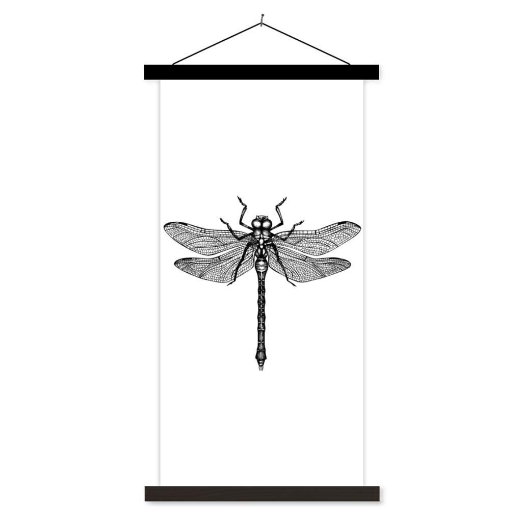 MuchoWow Textilposter Libelle - Insekten - Retro - Schwarz und weiß 40x80 cm mit schwarzem Rahmen - Wandemalerei